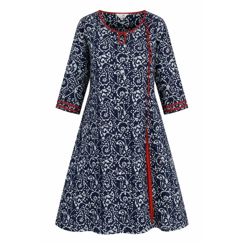 Aaboli Kurta Tunic Dress Womens XL Cotton Batik Print Blue Red Side Slit Modern